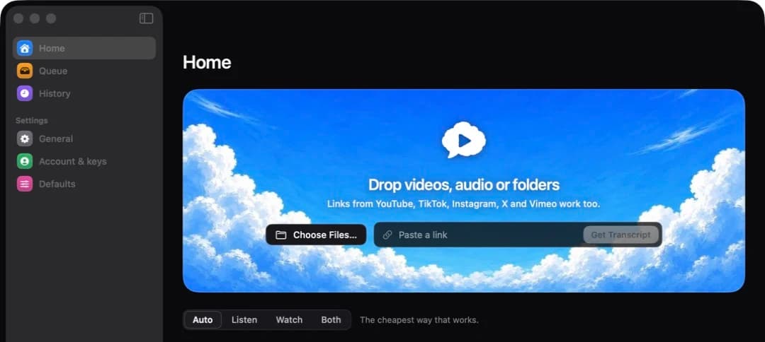 The Scribiz Mac app: a sidebar with Home, Queue and History, and a drop zone on a painted sky that says Drop videos, audio or folders.