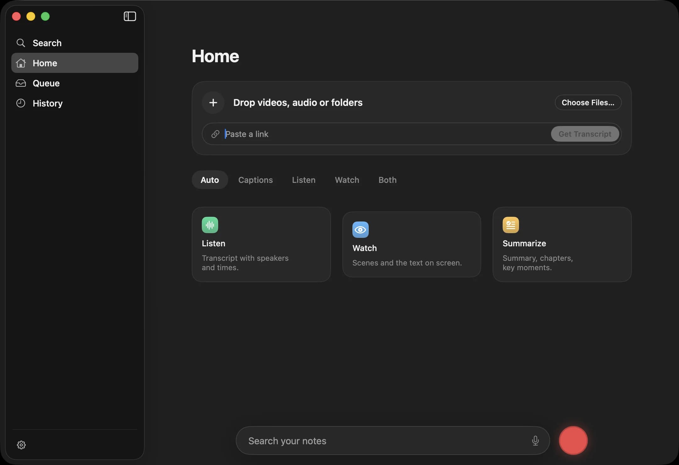 The Scribiz Mac app: Home with a drop zone and a link field, the Auto, Captions, Listen, Watch and Both modes, and at the bottom a search field and a red record button.