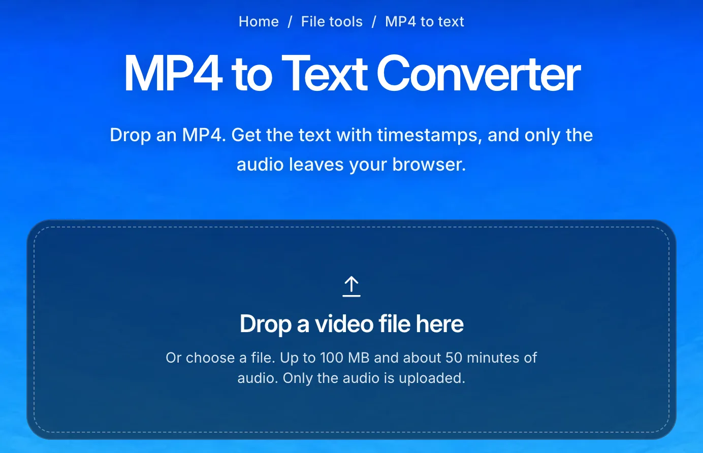 The Scribiz MP4 to text page. A dashed drop area reads Drop a video file here and says only the audio is uploaded.