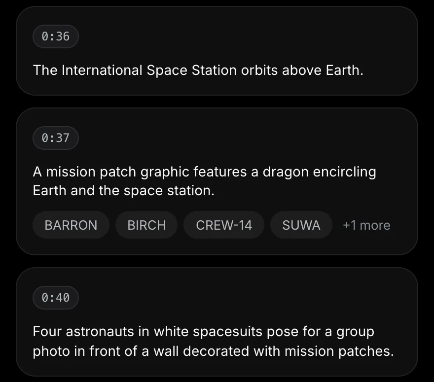 The On screen tab of a Scribiz result: scene cards at 0:36, 0:37 and 0:40. The 0:37 card describes a mission patch graphic and lists the words read from it: BARRON, BIRCH, CREW-14, SUWA.
