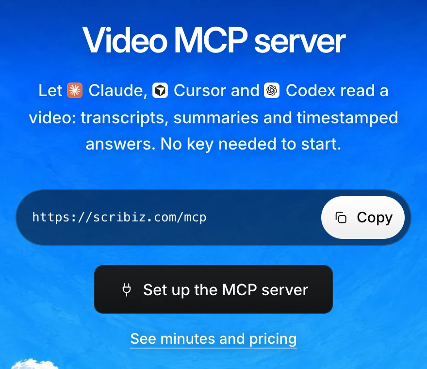 The top of the Scribiz Video MCP server page: the address https://scribiz.com/mcp in a field with a Copy button, and a Set up the MCP server button.