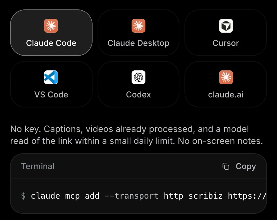 The install section of the Scribiz MCP page with Remote, a URL selected and Claude Code picked from six clients. The terminal line starts claude mcp add --transport http scribiz.